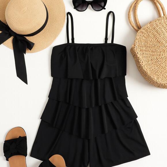 Fit 4 U Black Tiered Swim Romper Resort Beachcore Bathing Suit 10 - Picture 2 of 6